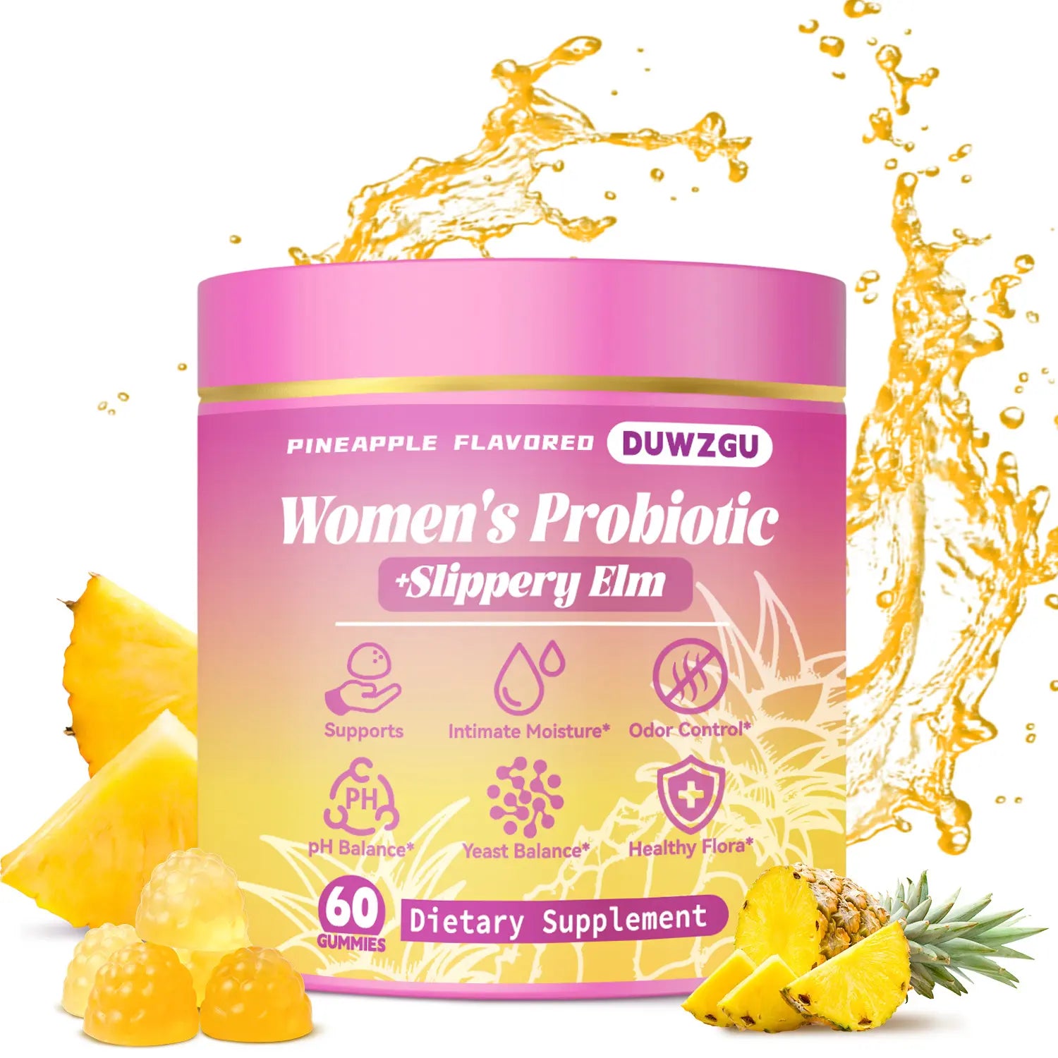 Feminine Probiotics Gummies - Pineapple Flavor, Supports Ph Balance & Dryness Relief, Prebiotic & Probiotic Blend with Slippery Elm Healthcare Dietary