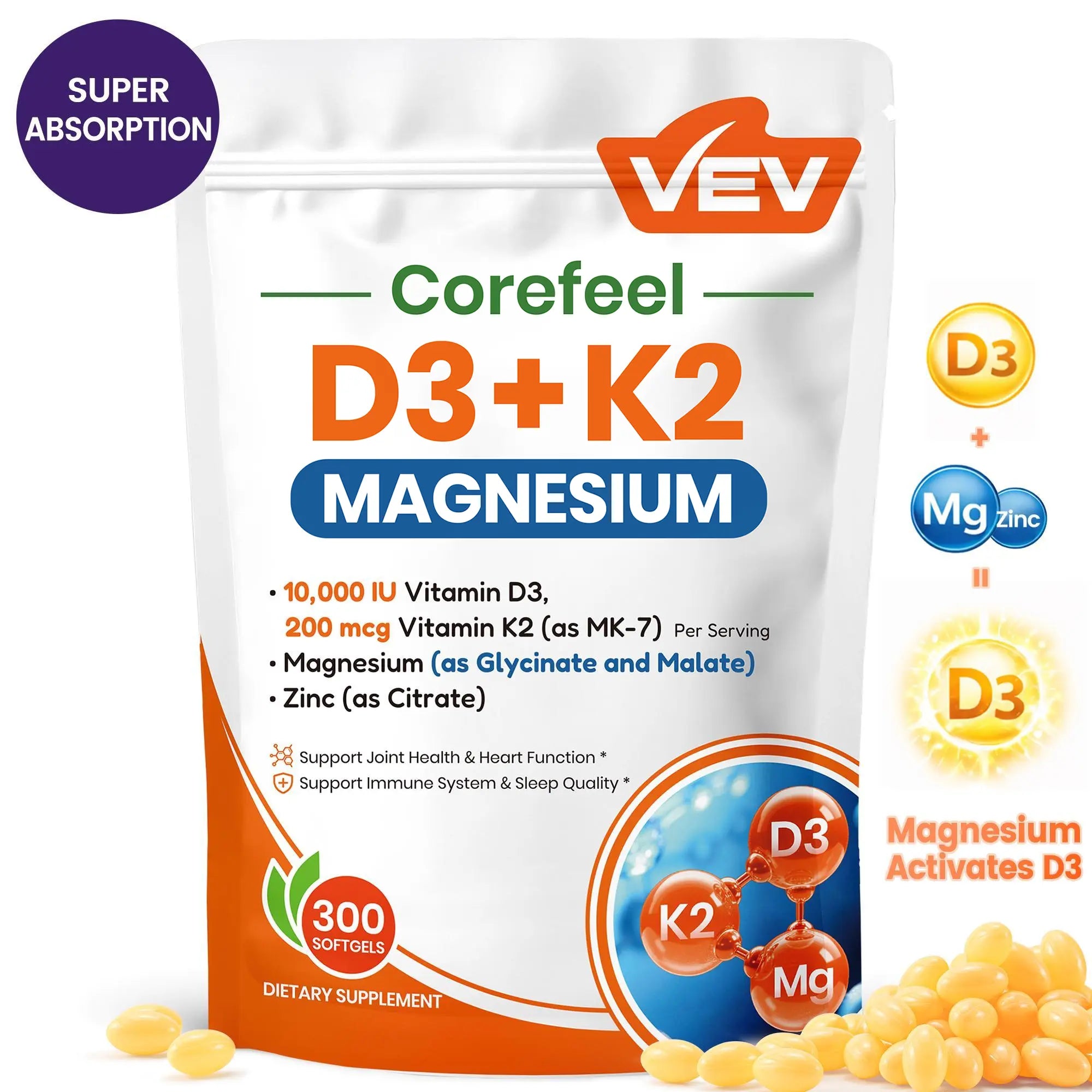 VEV Corefeel Vitamin D3 K2 Supplement Softgels, Mothersdaygift