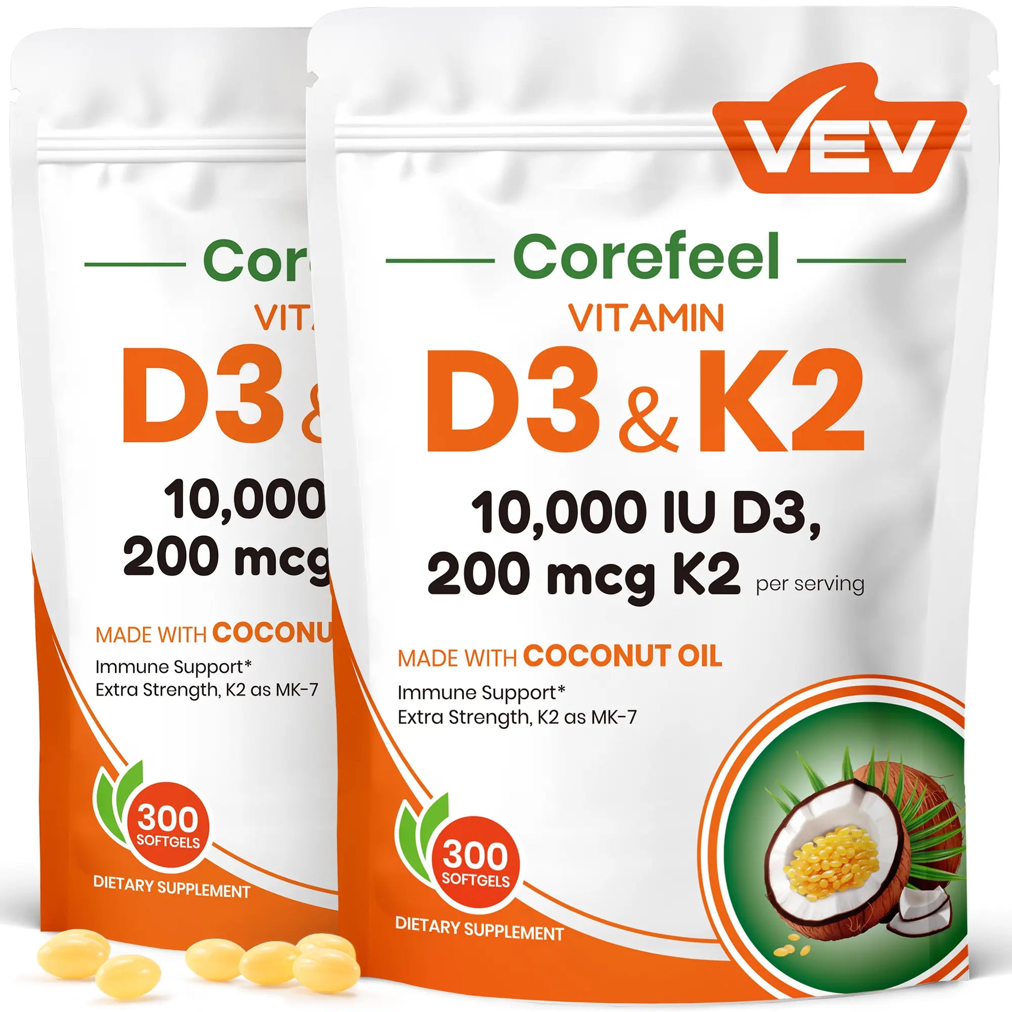 VEV Corefeel Vitamin D3 K2 Supplement Softgels, Mothersdaygift