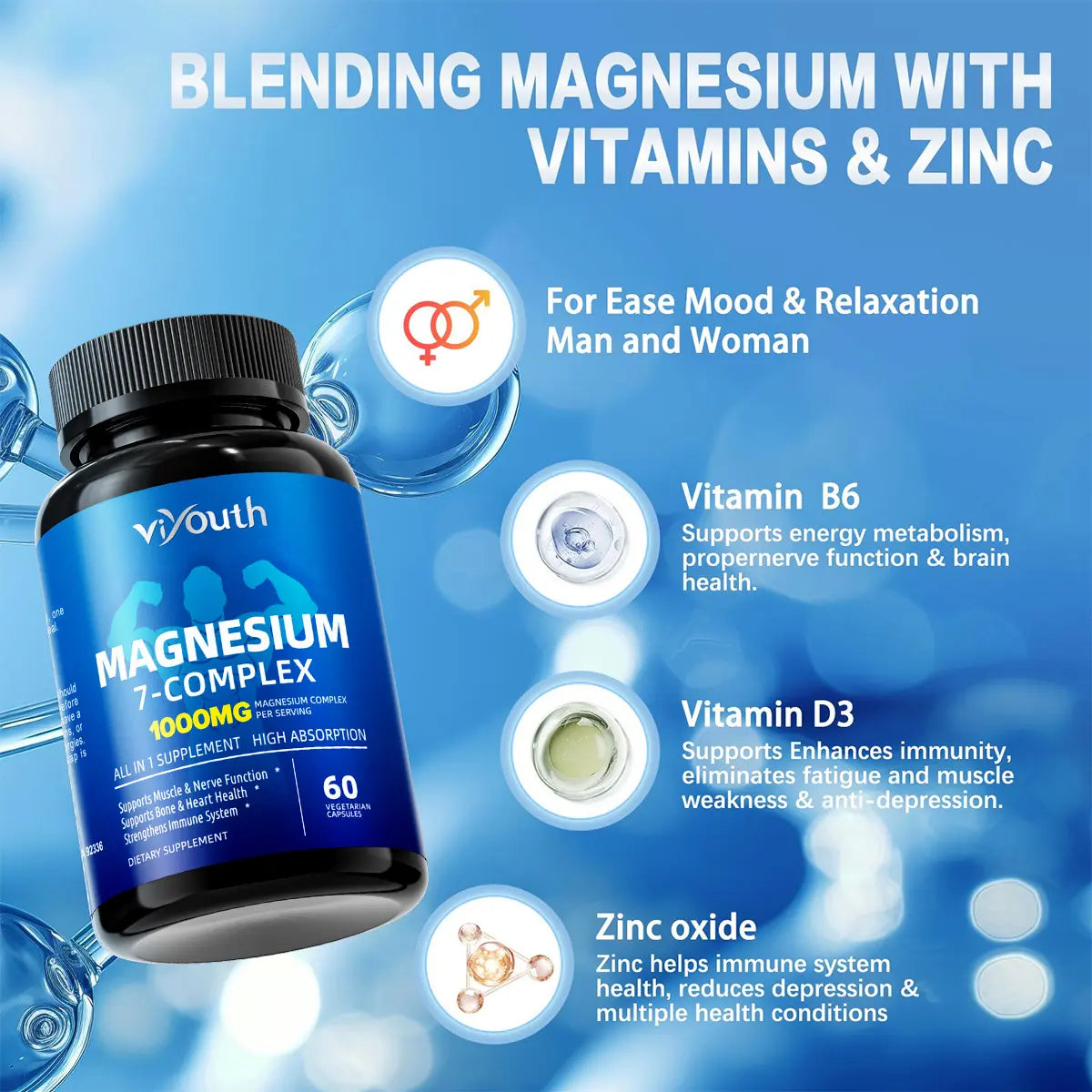 Viyouth 1000Mg Magnesium Complex - 10 Elemental Magnesium Complex & Zinc for Calming Sleep & Relax - US Made - Dietary Supplement for Hair Health Digestive Detox & Cortisol Balance-3Rd Party Tested Tablets Fitness, Magnesium Glycinate Vitamin