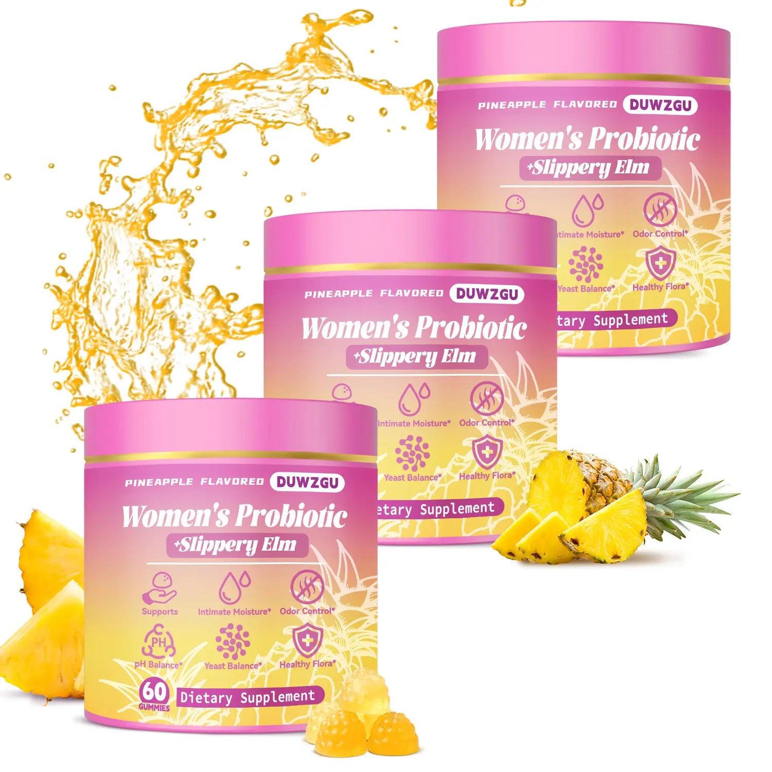 Feminine Probiotics Gummies - Pineapple Flavor, Supports Ph Balance & Dryness Relief, Prebiotic & Probiotic Blend with Slippery Elm Healthcare Dietary