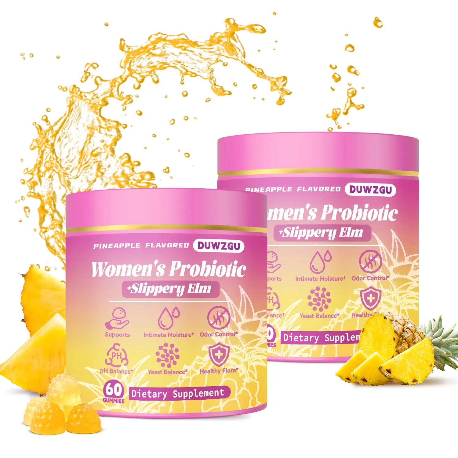 Feminine Probiotics Gummies - Pineapple Flavor, Supports Ph Balance & Dryness Relief, Prebiotic & Probiotic Blend with Slippery Elm Healthcare Dietary