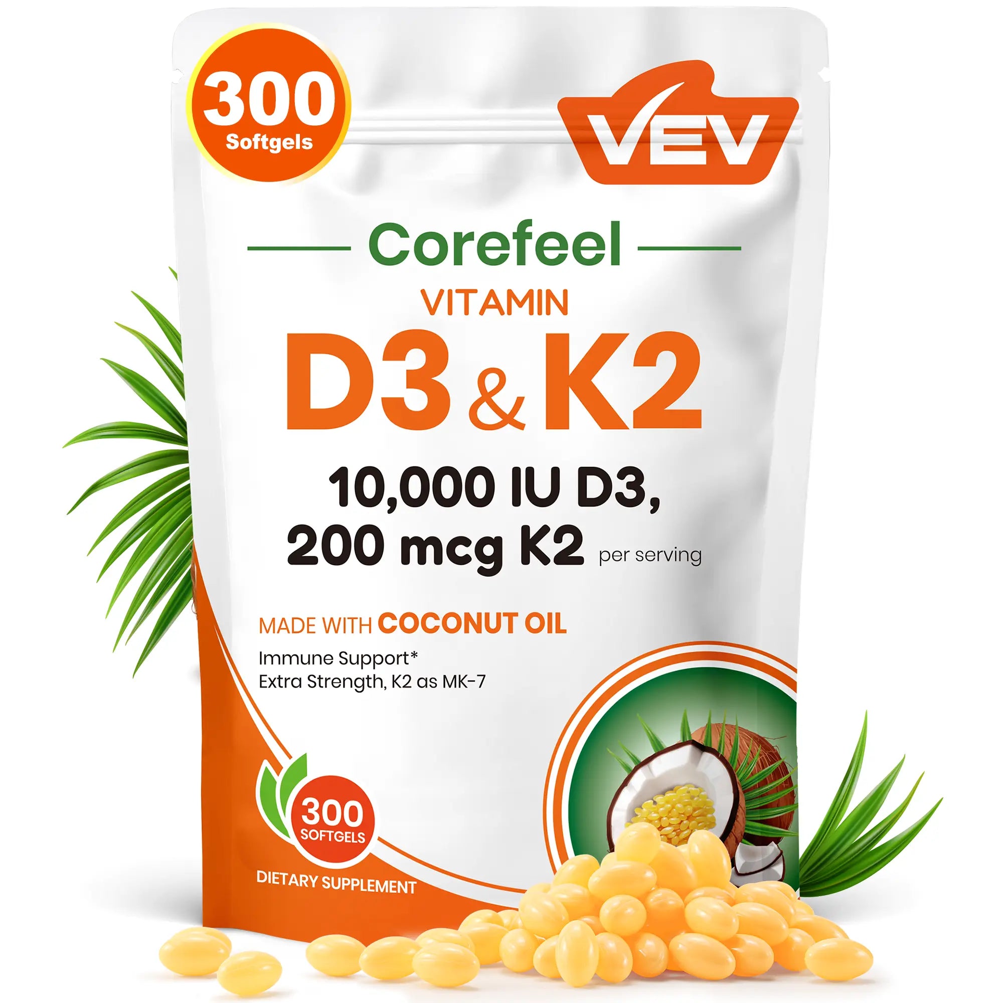 VEV Corefeel Vitamin D3 K2 Supplement Softgels, Mothersdaygift