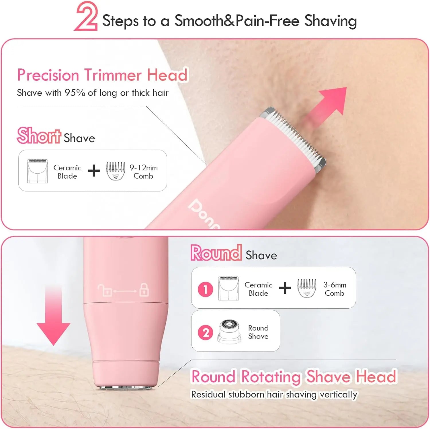 Donper Bikini Trimmer for Women, 2 in 1 Electric Razors for Shower&Travel, IPX7 Waterproof Pubic Hair Remover for Underarm, Legs & Bikini Area, Painless Razor,Hypoallergenic Foil & Ceramic Blades