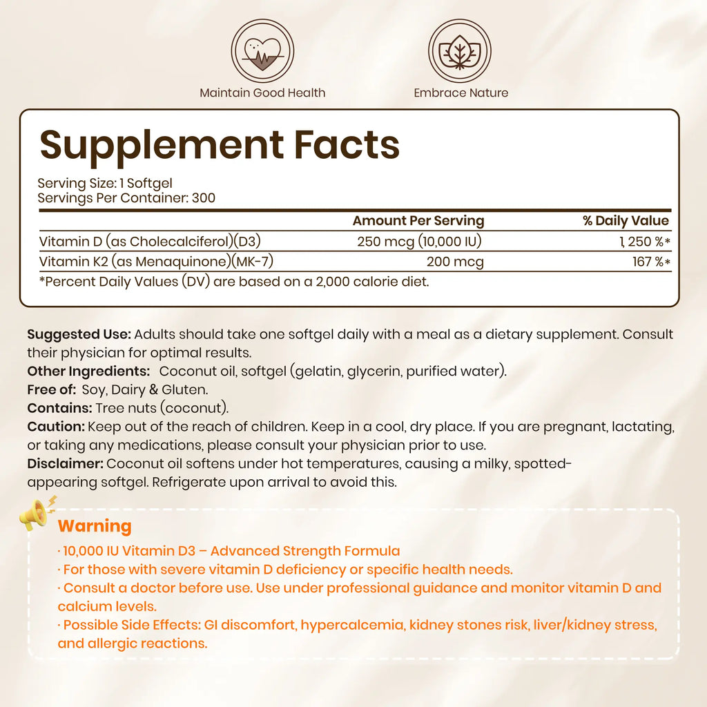 VEV Corefeel Vitamin D3 K2 Supplement Softgels, Mothersdaygift