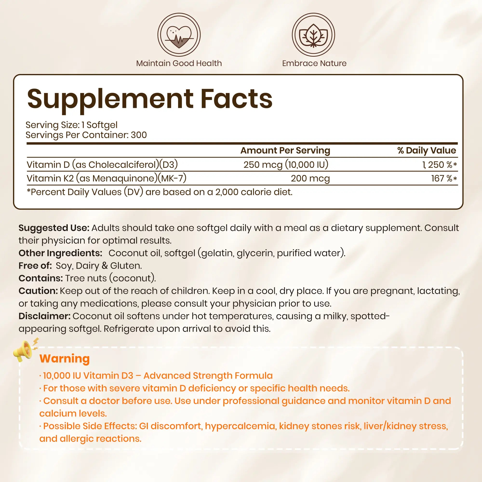 VEV Corefeel Vitamin D3 K2 Supplement Softgels, Mothersdaygift