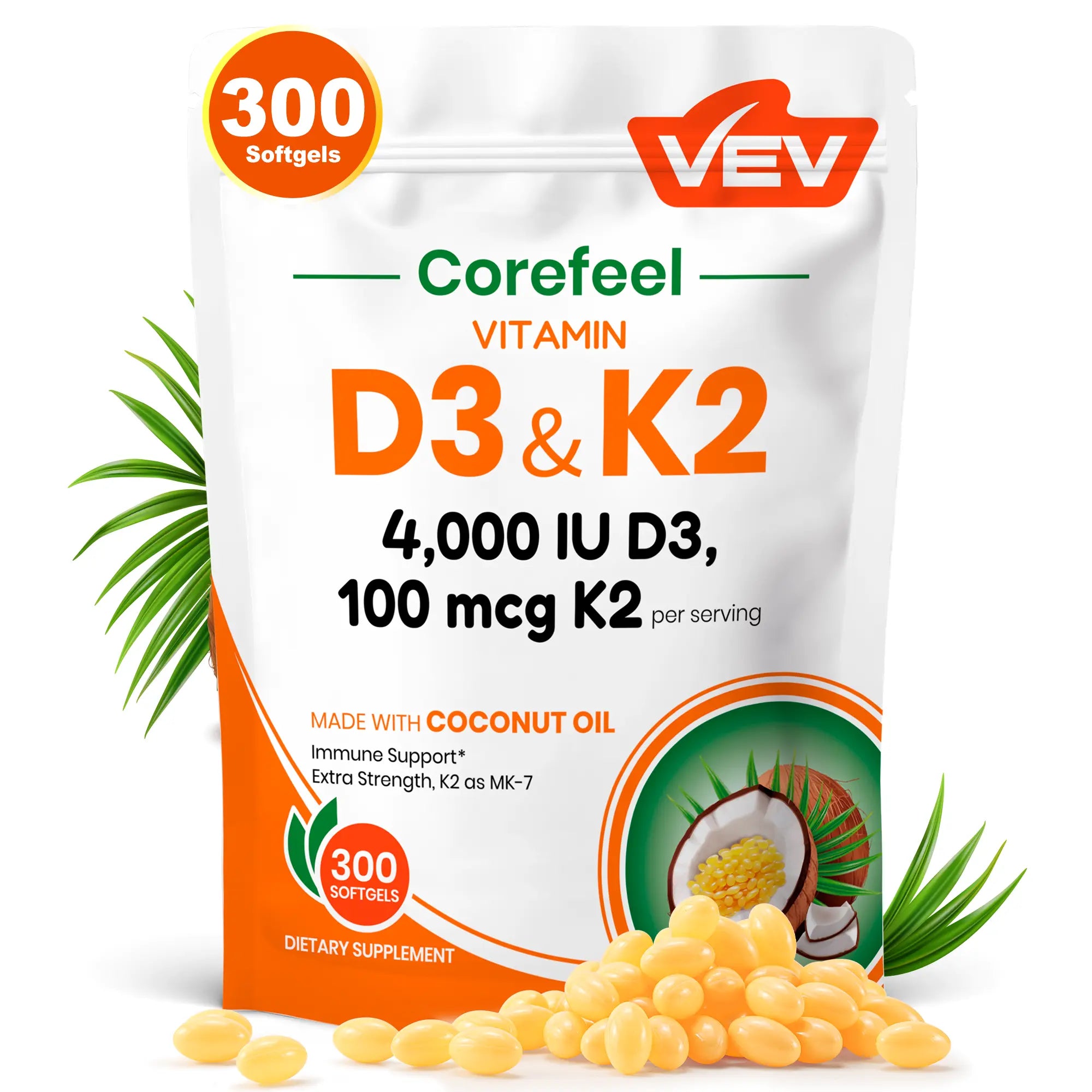 VEV Corefeel Vitamin D3 K2 Supplement Softgels, Mothersdaygift